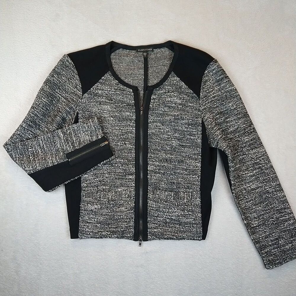 Eileen Fisher Sweater Moto Jacket Women's Medium Cotton Blend Zip Front Sleeve